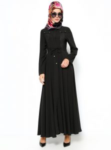 Flok Bakılı Gizli Düğmeli Siyah Ferace